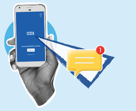 Image of a hand holding a mobile phone with the NHS App open. It shows a small yellow envelope signifying a message 