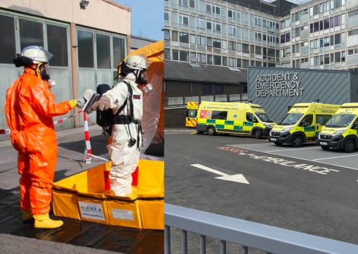 Two images showing a training exercise with people in Hazmat suits being washed down and an external shot of HRI's A&E department