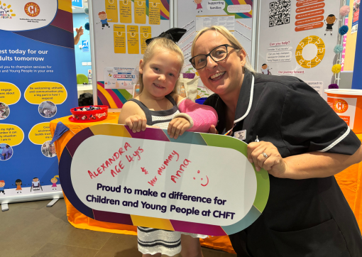 Lead Nurse for Children and Young People, Julie Mellor, with four-year-old Alexandra in our hospital 