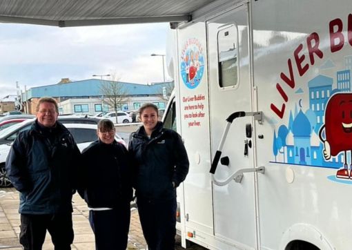 Community Liver Health Checks vehicle with some of the staff stood outside it