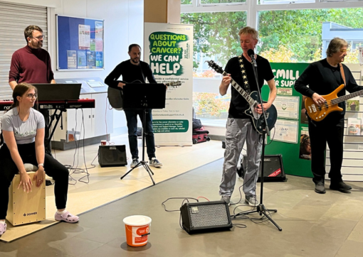 A photo of the band practicing in the main entrance at Huddersfield Royal Infirmary 