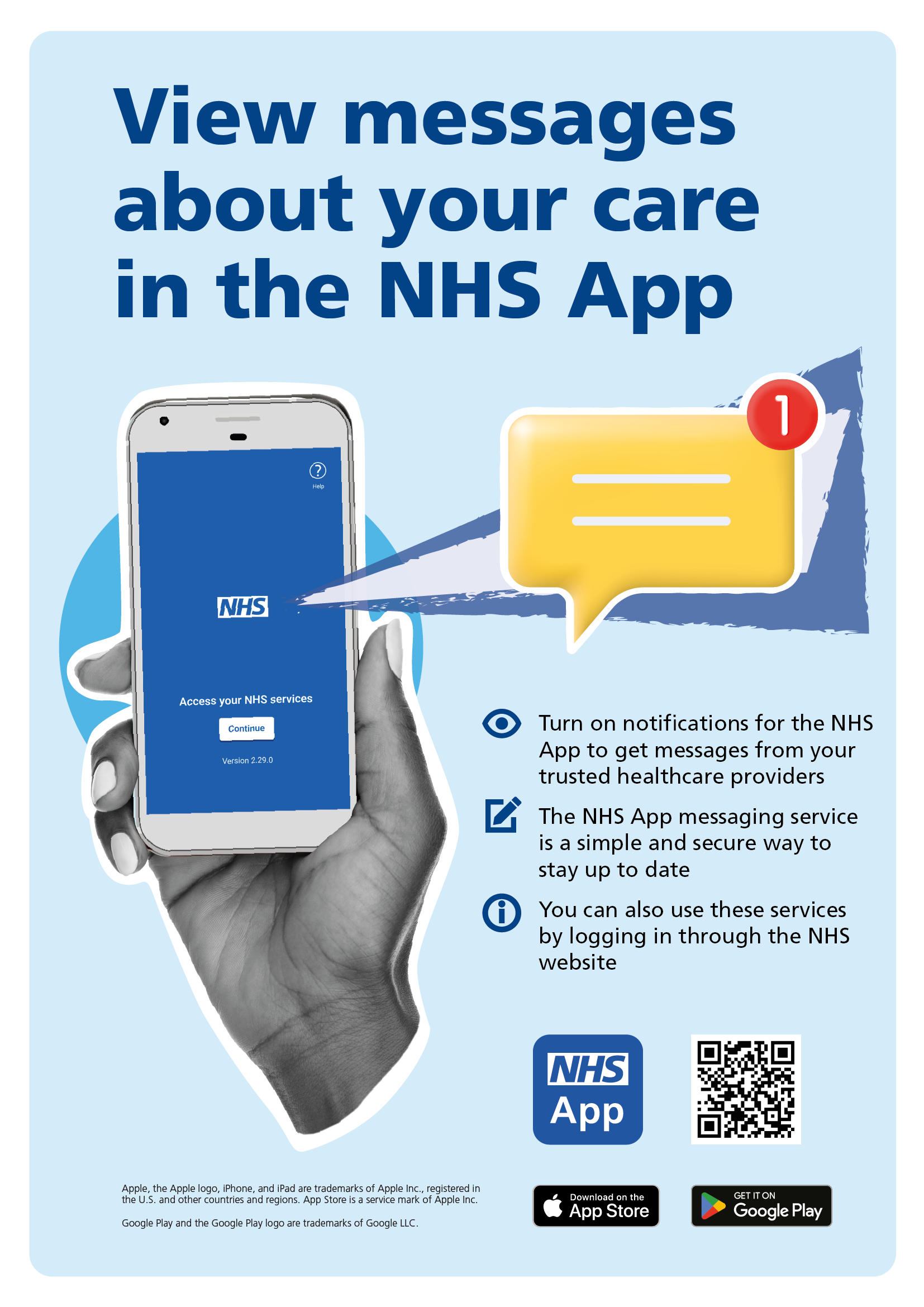 A copy of a poster explaining that if your turn on notifications in the NHS App you can get trusted healthcare messages from care providers