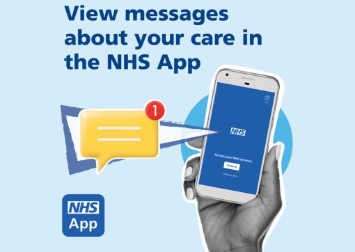 A graphic showing a hand holding a mobile phone displaying the NHS App