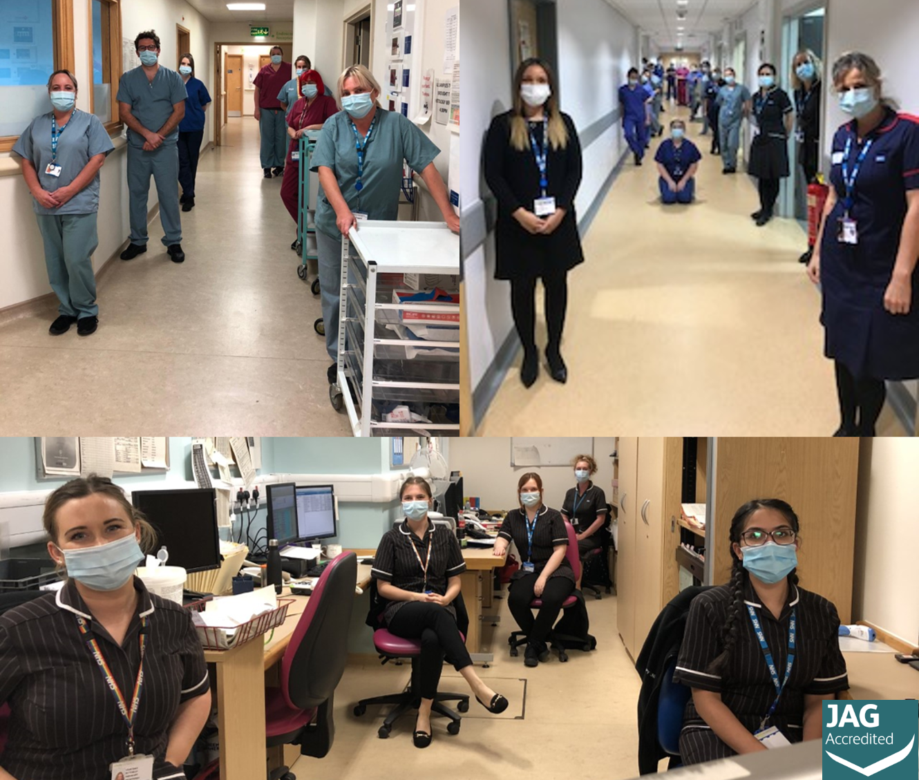 medical staff collage showing masked colleagues sat down and in corridors